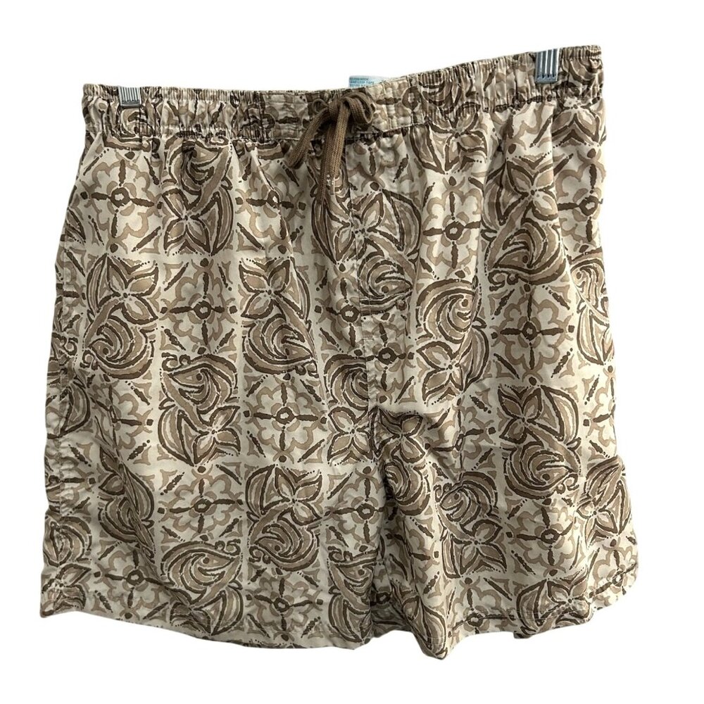 Sand N Sun Beige Brown Patterned Swim Shorts Elastic Waist Drawstring Sz Large